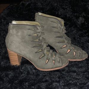 Olive suede open toed ankle booties